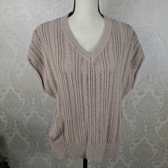 Joie Size Medium Tan Sleeveless V-neck Open Weave Pullover Sweater Cotton/Poly - Picture 1 of 12